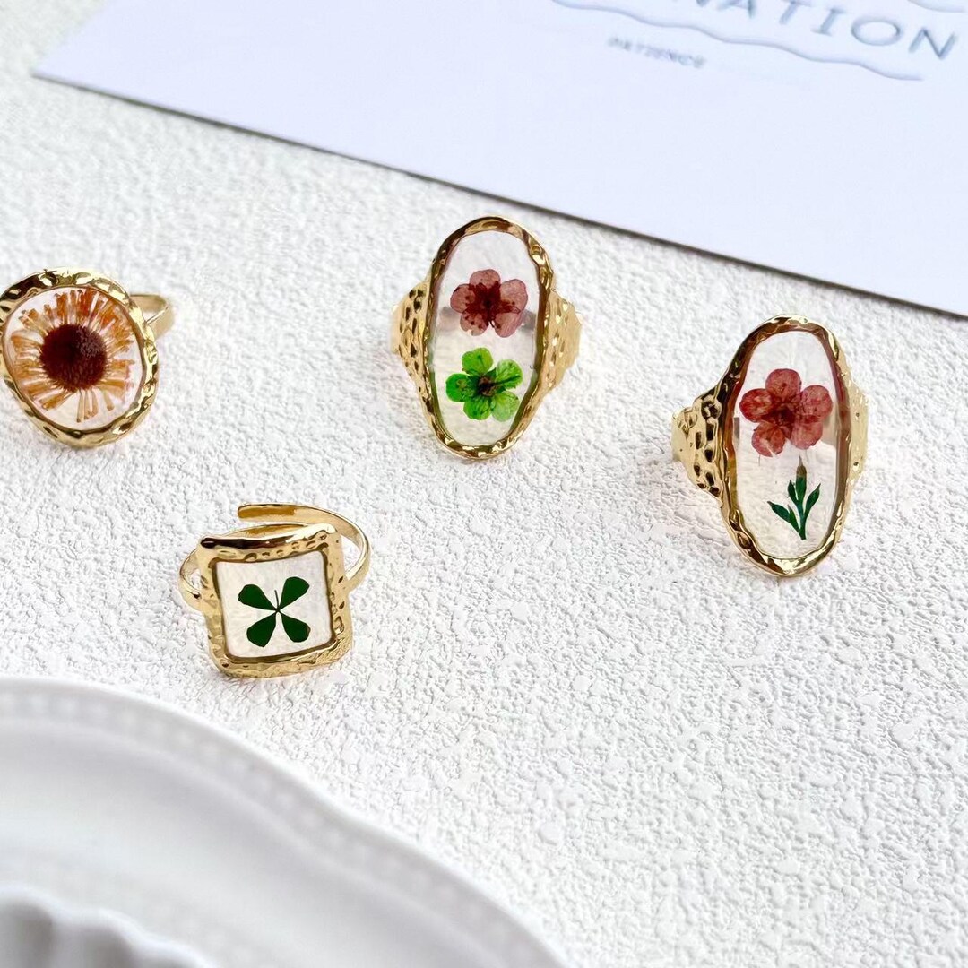 Unique Flower Rings Personalized Birth Flower Ring-real Flower Ring-adjustable Dried Flower ...