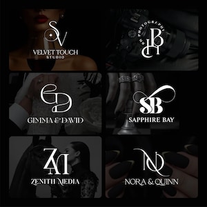 May include: A collection of logos on a black background. The logos feature elegant, stylized typography in white. The logos include the names: Velvet Touch Studio, Gimma & David, Sapphire Bay, Zenith Media, and Nora & Quinn. Some logos have accompanying imagery.