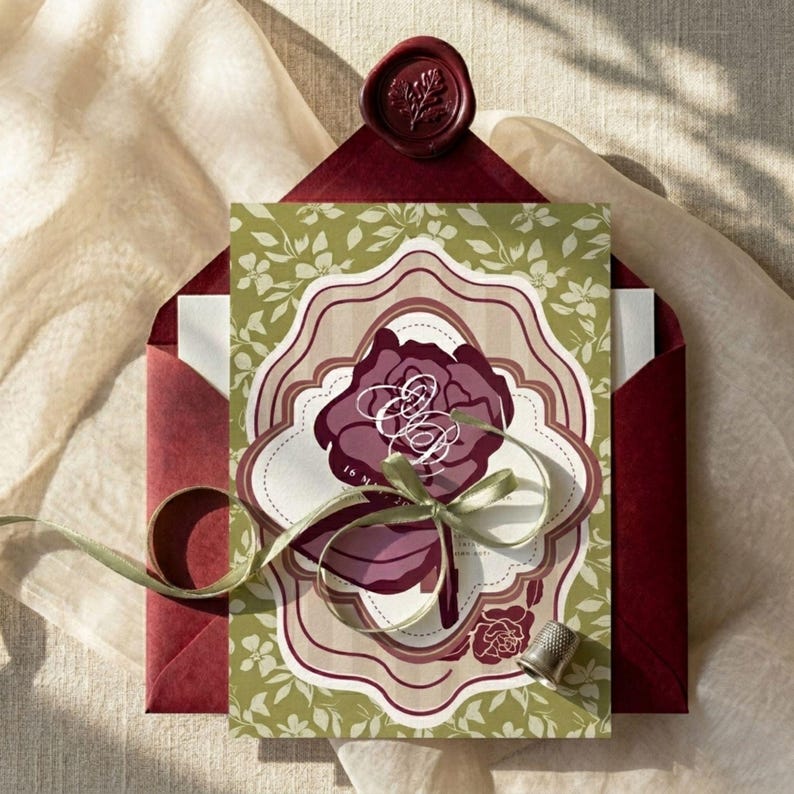 May include: An invitation suite featuring a burgundy rose design with the initials "E & D" on a decorative card. The card is inside a burgundy envelope, sealed with a wax stamp. A green ribbon and thimble are also present.