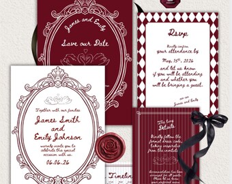 Old Money Wedding Invitation Suite, Bundle with Digital Invite, Elegant Red Cream Canva Template