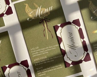 Olive Green Wedding Menu Name Card Template, Old Money Victorian Retro Style (Digital Download)