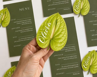 Anthurium Olive Green Wedding Menu and Name Card Template (Circut, Digital Download)