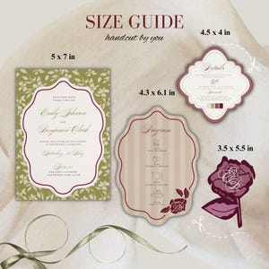 May include: A size guide for wedding stationery, including an invitation (5 x 7 in), details card (4.5 x 4 in), program (4.3 x 6.1 in), and a rose-shaped tag (3.5 x 5.5 in). The invitation features floral patterns and the names "Emily Johnson and Benjamin Clark".