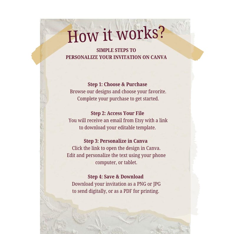 May include: A beige paper with the text "How it works?" and instructions for personalizing an invitation on Canva. The steps include choosing a design, accessing the file, personalizing in Canva, and saving the invitation.