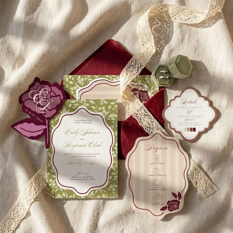 May include: Wedding stationery set featuring an invitation, program, and details card. The invitation has a green floral design with a white border. A burgundy envelope and a velvet ring box are also present. A decorative ribbon is included.
