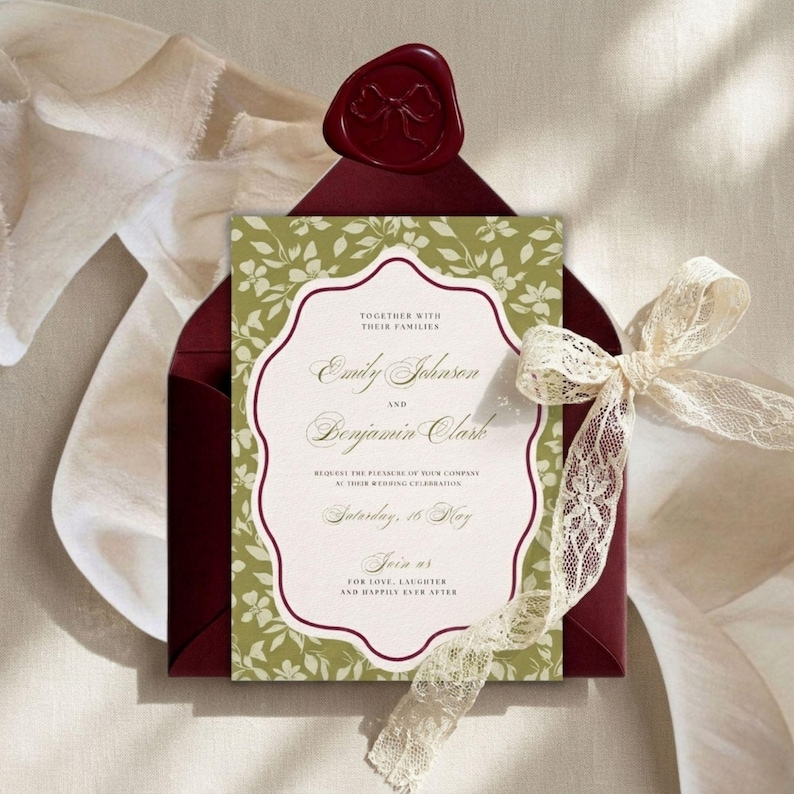 May include: Wedding invitation with a floral design and burgundy accents. The invitation card features the names "Emily Johnson" and "Benjamin Clark" and is tied with a cream lace ribbon. A burgundy envelope is sealed with a wax stamp.