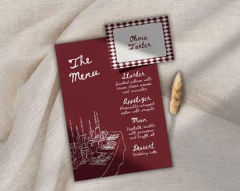 Old Money Wedding Menu Place Card Template, Red Ivory Whimsical Stationery (Digital Download)