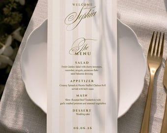 Striped Wedding Menu with Name Template, Canva Editable Reception Dinner Menu (Digital Download)
