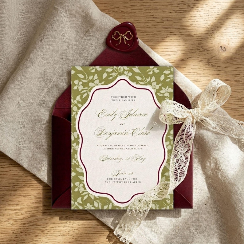 May include: Wedding invitation with a floral design and the names "Emily Johnson" and "Benjamin Clark". The invitation is inside a burgundy envelope, sealed with a wax stamp. A cream-colored lace ribbon is tied around the invitation.