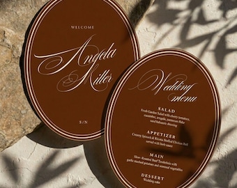 Oval Wedding Menu Template, Espresso Brown Old Money Stationery (Digital Download)