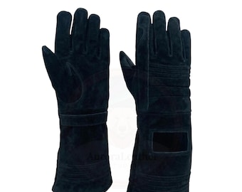 X-Wing Pilot Black Suede Leather Gloves | Star Wars Inspired Cosplay Gauntlets | Long Cuff Costume Gloves