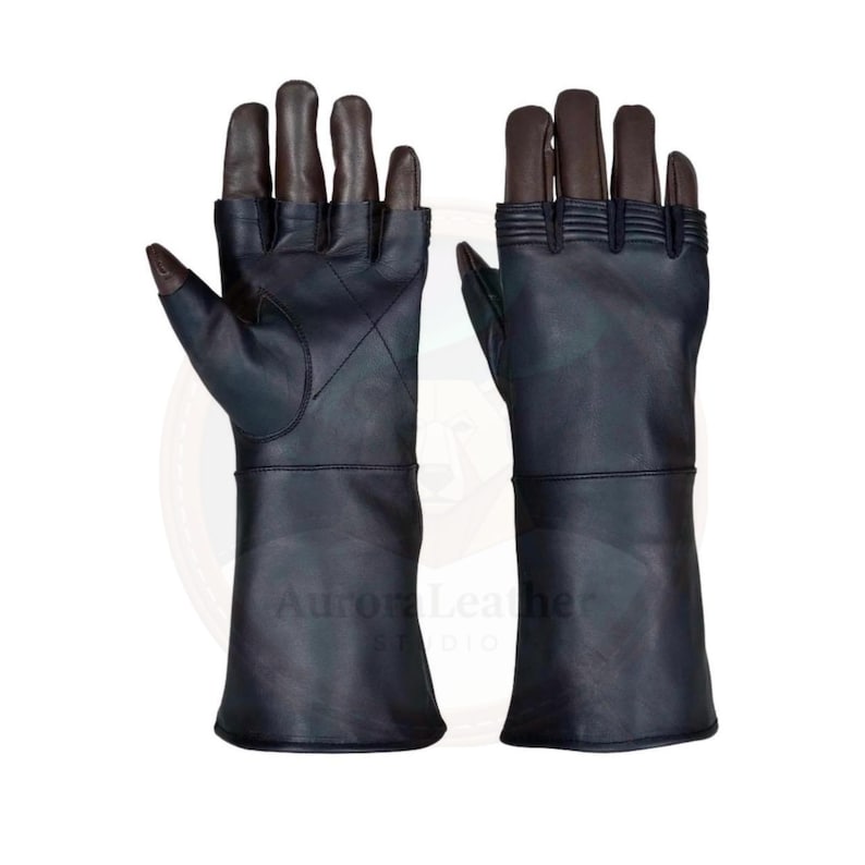 May include: A pair of dark blue leather gloves with brown fingertips. The gloves have a long gauntlet style and are designed with a fingerless style on the palm side. The gloves are displayed against a white background.