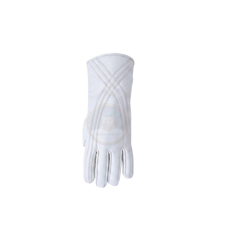 May include: A white leather glove with a stitched design on the back. The glove has a long cuff and is made of a smooth, solid white leather. The stitching is a contrasting light gray color.