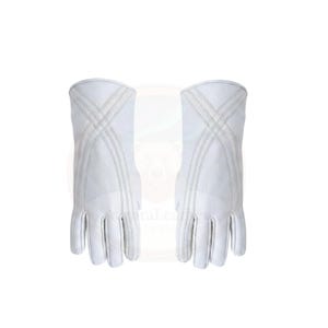 May include: A pair of white leather gloves with a long cuff. The gloves have a crisscross stitch design on the back of the hand and cuff. The gloves are made of a smooth, soft leather.