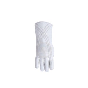 May include: White leather glove with decorative stitching. The glove features a classic design with reinforced stitching across the back of the hand and fingers. The glove is made of a smooth, durable material.