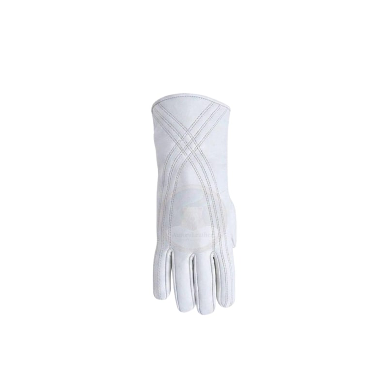 May include: White leather glove with decorative stitching. The glove features a classic design with reinforced stitching across the back of the hand and fingers. The glove is made of a smooth, durable material.
