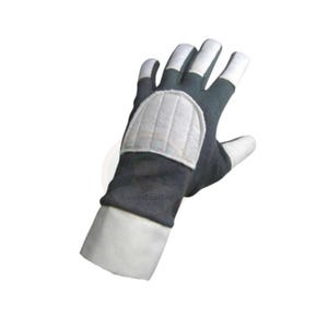 May include: A single black and white glove with a padded, quilted patch on the back of the hand. The fingertips and cuff are white, while the rest of the glove is black. The glove is designed for protection.