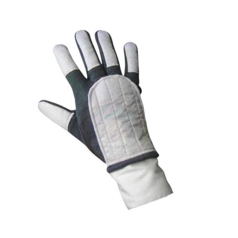 May include: A gray and white glove with a padded palm and white fingertips. The glove has a white cuff and is designed for protection. The glove is likely used for sports or work.