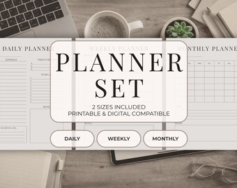 Minimalist Planner Set: Daily Weekly Monthly Planner Printable, ADHD Planner Inserts, Undated Personal Planner, A4 Letter, Instant Download
