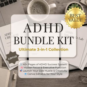 Może przedstawiać: Zdjęcie z góry zestawu ADHD Bundle z tekstem "ADHD BUNDLE KIT Ultimate 3-in-1 Collection". Obraz zawiera laptopa, filiżankę kawy, notatnik, tablet i okulary. Zestaw zawiera ponad 45 stron systemu sukcesu ADHD.