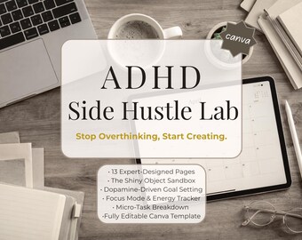 ADHD Side Hustle Lab Planner Digital Printable, Dopamine Driven Goal Setting, Focus Mode Task Tracker, Business Canva Template A4 Letter