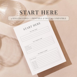 Pode incluir: Um planejador imprimível branco com o texto "START HERE" e seções para tarefas. O planejador inclui seções para "THE ONE THING", "THE 3-MINUTE TASK" e "THE BREAK IT DOWN". O texto "4 SIZES INCLUDED | PRINTABLE & DIGITAL COMPATIBLE" também é visível.