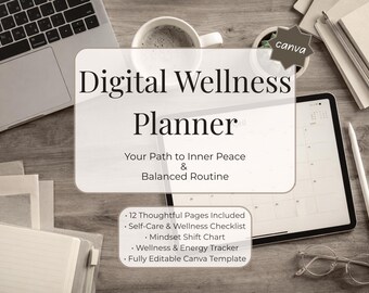 Digital Wellness Planner | Self Care Journal | Mindset Shift Chart | Daily Habit Tracker | 12 Page Wellness Bundle | A4 US Letter | Canva