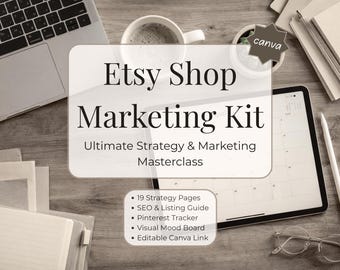Etsy Shop Planner & Marketing Kit | Seller Branding Guide, Pinterest Tracker, SEO Keyword Strategy, Listing Photo Checklist, Canva Template
