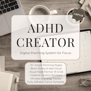 ADHD Content Creator Planner, Digital Content Strategy Canva Template, Visual Feed Planner, Brain Dump, Creative Focus Tracker, 9 Grid Map