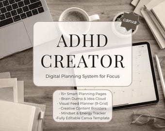 ADHD Content Creator Planner, Digital Content Strategy Canva Template, Visual Feed Planner, Brain Dump, Creative Focus Tracker, 9 Grid Map