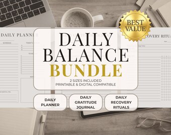 Daily Balance Bundle 3-in-1 Daily Planner Printable Wellness Journal Routine Tracker Gratitude Diary Recovery Rituals A4 US Letter PDF