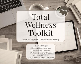Digital Wellness Planner Toolkit, Mental Health Tracker, Self Care Journal, Dopamine Menu, Habit Tracker, 15 Pages Canva Template, A4 Letter
