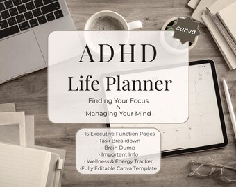 ADHD Planner Digital Wellness Journal for Executive Dysfunction Neurodivergent Focus Productivity Daily Todo Task Breakdown Dopamine Menu