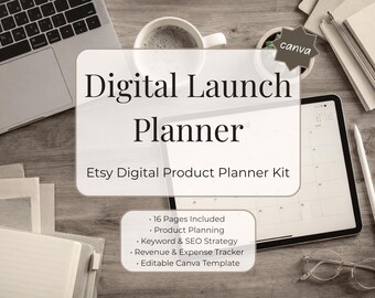 Digital Product Launch Planner | 16 Page Business Planner | Etsy Seller Launch Checklist Canva Template | A4 US Letter | Marketing Strategy