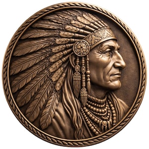 Puede incluir: Escultura en relieve de color bronce de un jefe nativo americano de perfil, con un tocado de plumas y collares de cuentas. La escultura circular tiene un borde detallado.