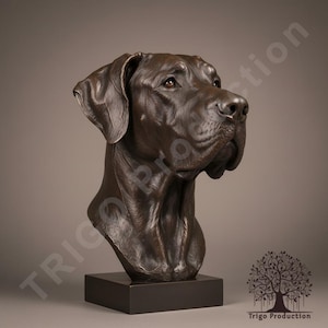 May include: A bronze sculpture of a dog's head and upper chest, mounted on a dark rectangular base. The dog has a smooth, detailed coat and a focused expression. The sculpture is a dark brown color.