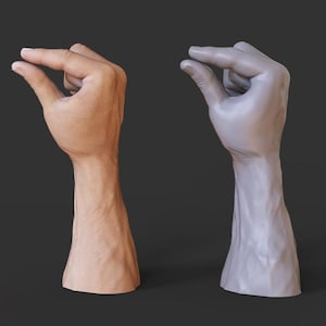 May include: Two hands, one in realistic skin tones and the other in a gray, sculpted form, both posed with the thumb and index finger touching. The hands are set against a dark gray background, showcasing the contrast between the two representations.