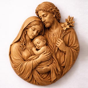Può includere: Scultura in legno raffigurante la Sacra Famiglia: Maria, Giuseppe e il bambino Gesù. Le figure sono scolpite in una calda tonalità marrone chiaro, con lineamenti dettagliati e vesti fluenti. Il bambino è tenuto in braccio da Maria, creando un'opera d'arte religiosa serena.