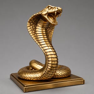 Könnte beinhalten: Eine metallisch goldfarbene Kobra-Skulptur in einer auffälligen Pose mit gespreiztem Nackenschild und geöffnetem Maul, das scharfe Giftzähne zeigt. Die Schlange ist auf einem quadratischen Sockel aufgerollt und weist detaillierte Schuppen auf.