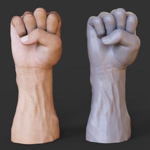 May include: Two fists are displayed side-by-side against a dark background. One is a realistic rendering of a human fist with skin tones, showing details of the knuckles and veins. The other is a gray, monochromatic version of the same fist.