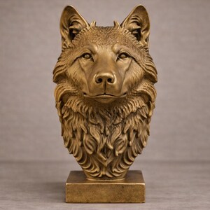 Puede incluir: Escultura de cabeza de lobo en bronce. La escultura presenta detalles de pelaje y rasgos faciales, montada sobre una base cuadrada. La mirada del lobo está dirigida hacia adelante, con un acabado metálico, ideal para decoración.