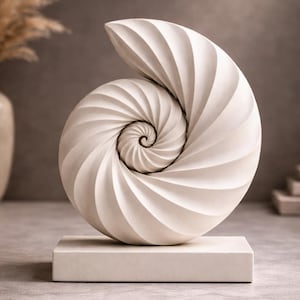 Puede incluir: Escultura blanca en espiral de concha marina sobre una base cuadrada. La escultura tiene una textura detallada y acanalada y un centro oscuro. El diseño recuerda a una concha de nautilus. Adecuado para la decoración del hogar.