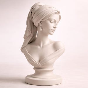 Puede incluir: Busto blanco de una mujer con un velo drapeado y un vestido con hombros descubiertos. La escultura presenta rasgos delicados, una expresión serena y un pendiente de perla. El busto está montado sobre un pedestal redondo.