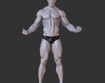 May include: A muscular, bald figure stands with arms outstretched, showcasing detailed muscle definition. The figure wears black briefs. The skin tone is pale against a dark gray background. The pose suggests strength and anatomical study.