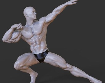 May include: A light gray sculpture of a muscular figure in a dynamic pose, with one arm extended and the other bent. The figure wears black briefs. The sculpture is set against a dark gray background.