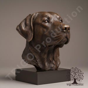 May include: A bronze sculpture of a Labrador Retriever dog's head, mounted on a dark rectangular base. The dog's head is detailed with realistic features, including fur texture and facial expressions. The sculpture is a rich, dark brown color.