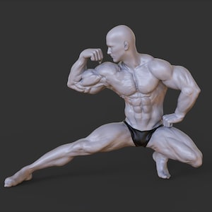 May include: A 3D rendered figure of a muscular person in a dynamic pose, flexing an arm. The figure is light gray, wearing black briefs, and set against a dark gray background. The pose highlights the physique.