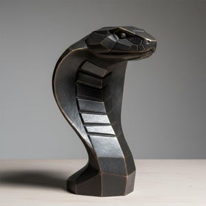 May include: A bronze-colored cobra sculpture with a geometric design. The snake's head is raised, and its hood is flared. The sculpture has a textured surface and is set against a neutral background.