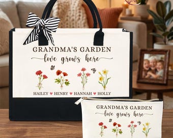 Personalized Grandma's Garden Tote Bag, Birthflower Tote, Grandmas Garden Gift, Floral Grandma Tote Bag, Custom Birth Flower Nana Tote Bag
