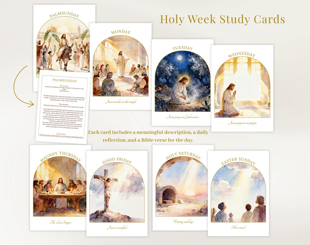 Holy Week Study Cards – 5x7 Printable, 4 Cards per A4, Easter Story ...